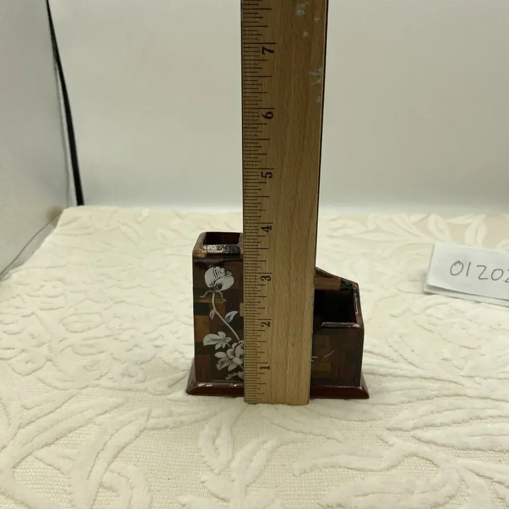 Handmade Laquered Wood Business Card & Pencil Holder With Inlaid Shell Design
